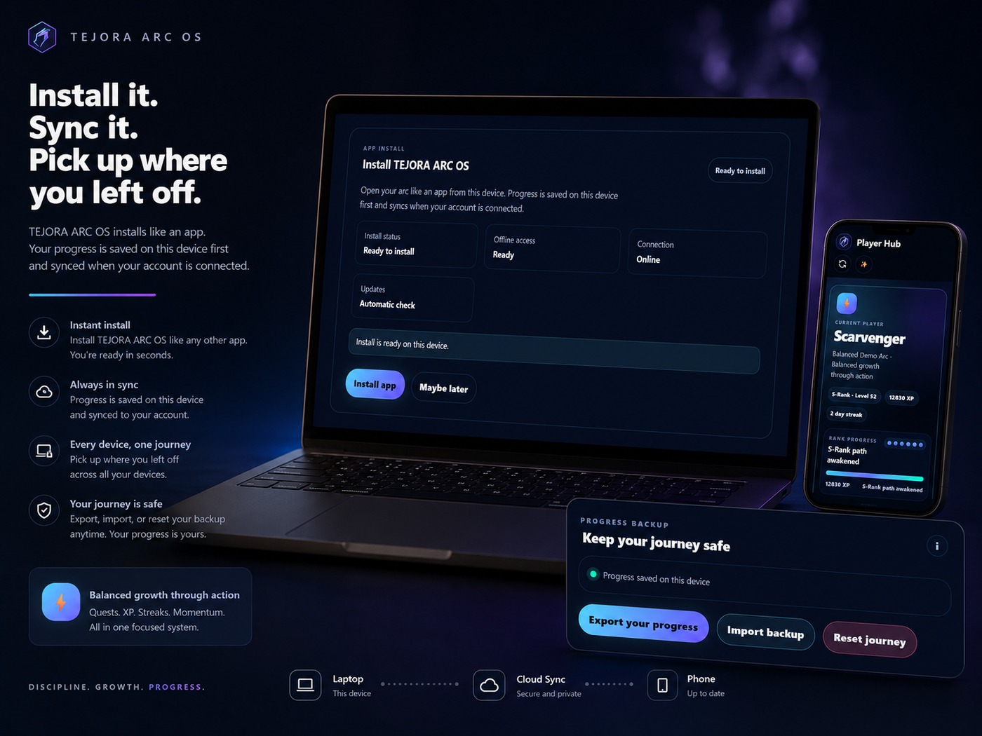 Gamified growth web app interface showing installation and sync options on laptop and mobile device.