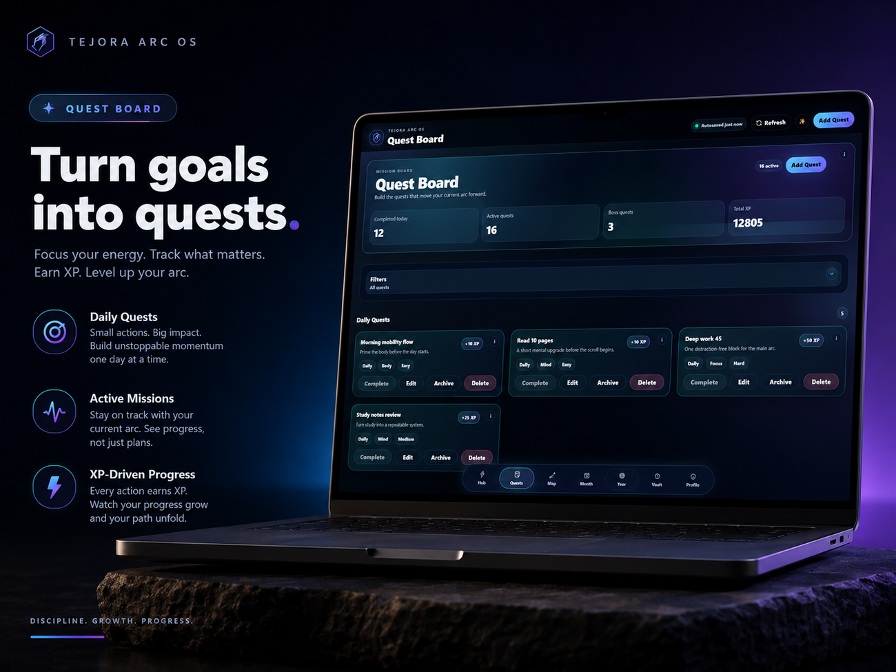 Gamified growth web app interface showing the Quest Board, highlighting daily quests and progress tracking.