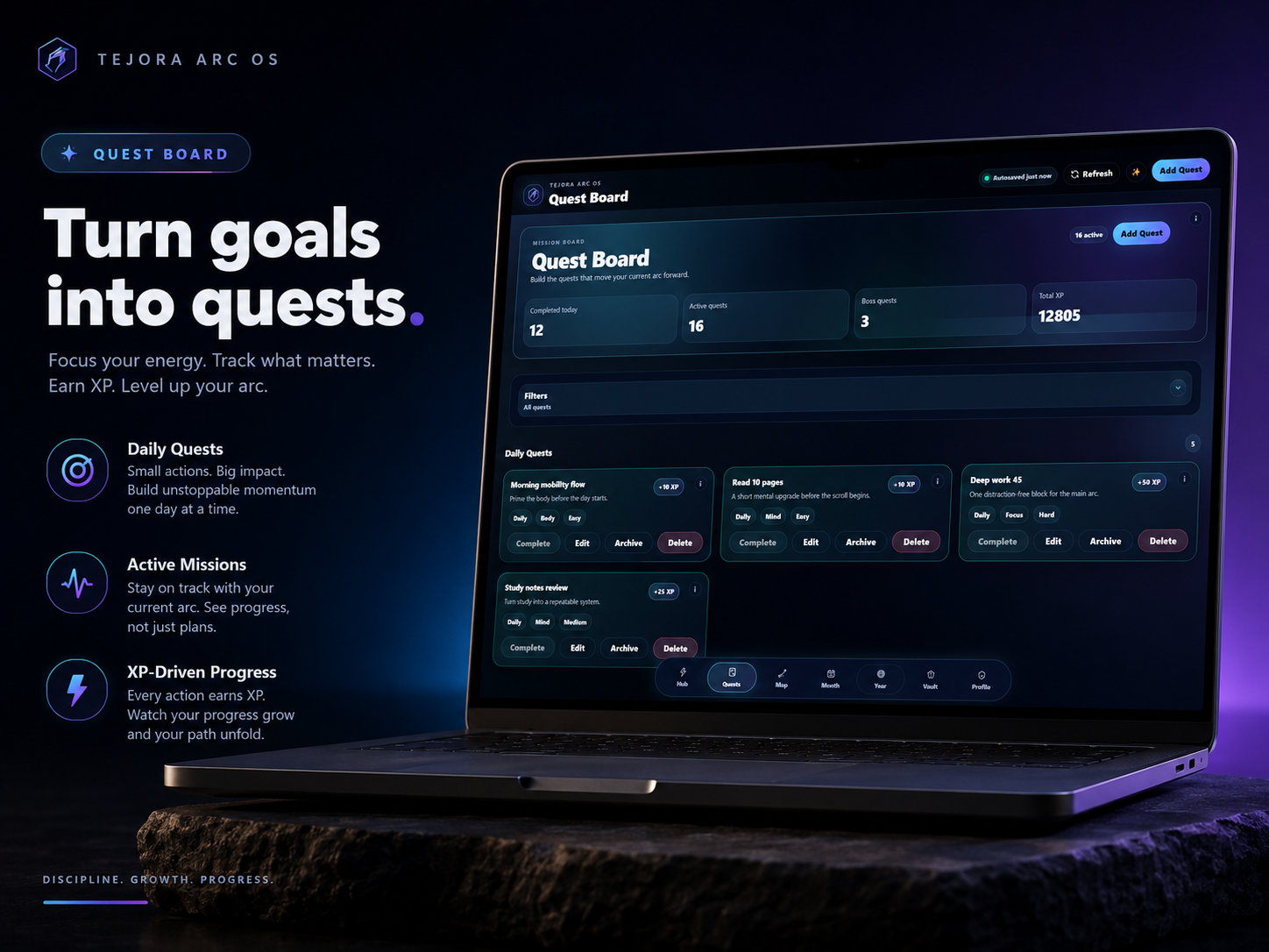 Gamified growth web app interface showing the Quest Board, highlighting daily quests and progress tracking.